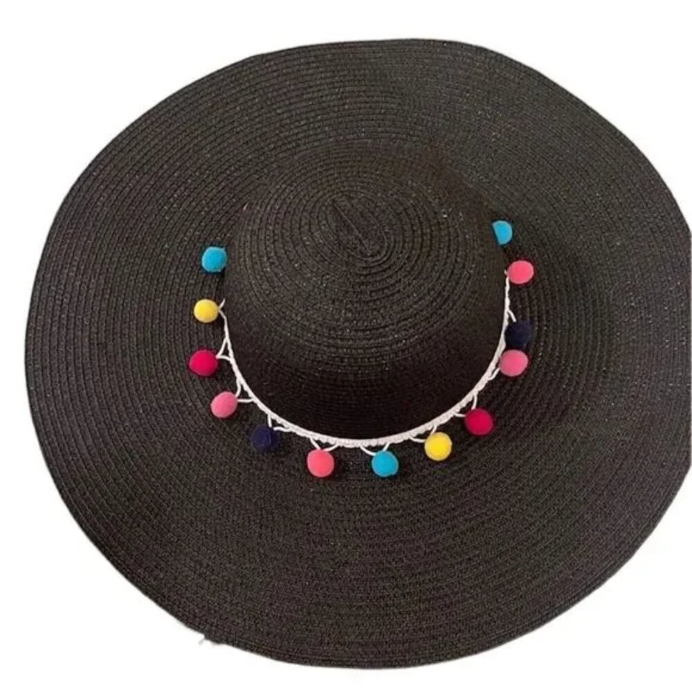 NWT Red Dress Boutique Sun Hat with Colorful Pom Poms BLACK